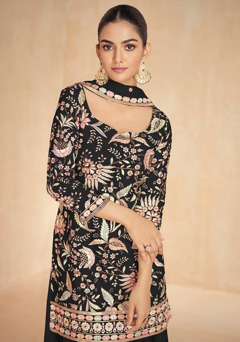 Black Embroidery Chinon Palazzo Set - Indya