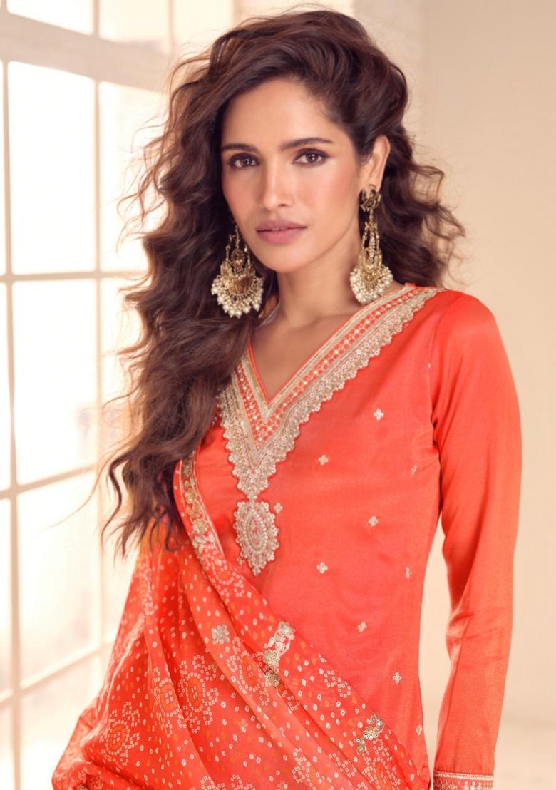 Orange Embroidery Chinon Palazzo Set - Indya