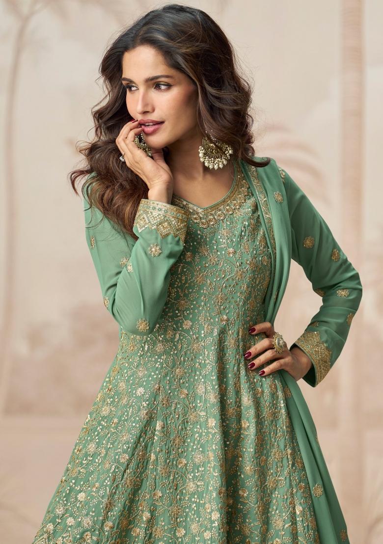 Green Embroidery Georgette Palazzo Set - Indya