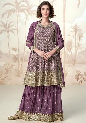 Purple Embroidery Chinon Palazzo Set