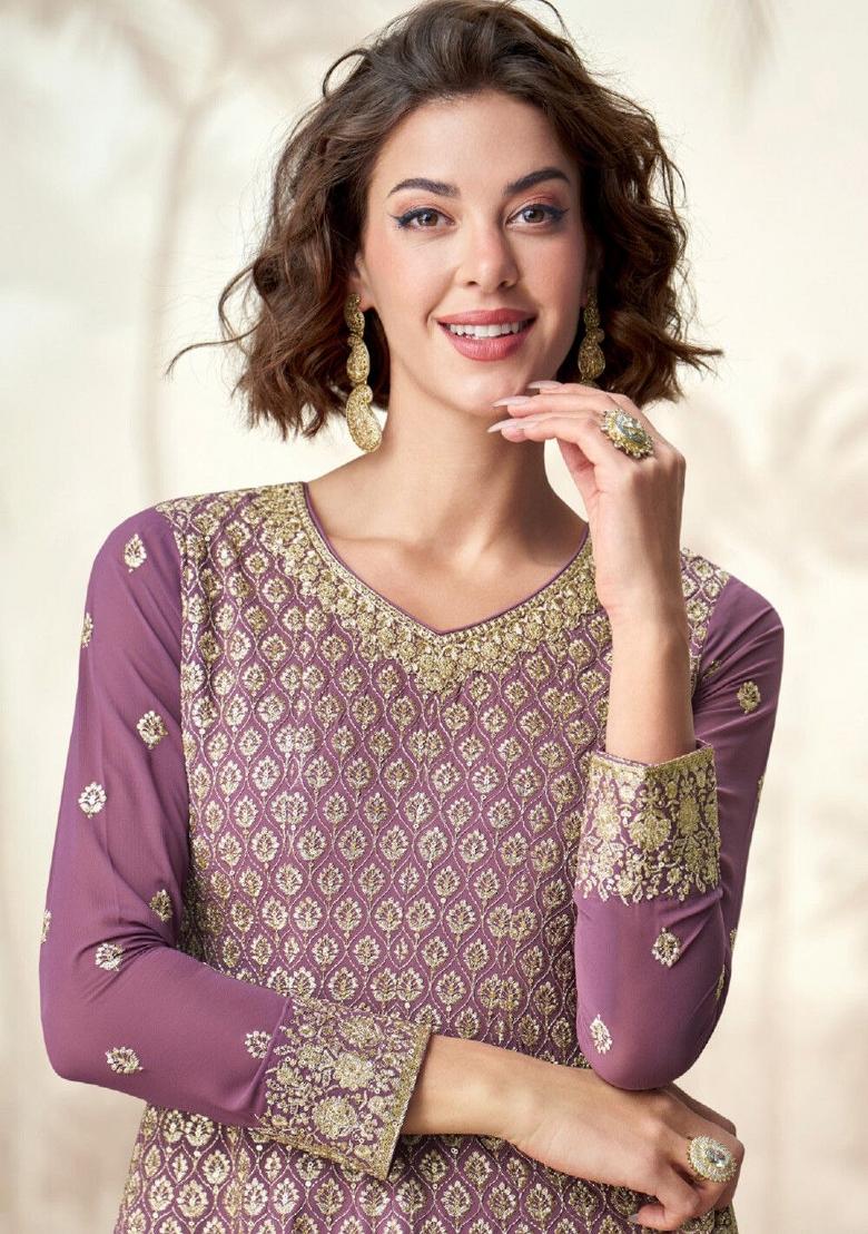 Purple Embroidery Chinon Palazzo Set - Indya