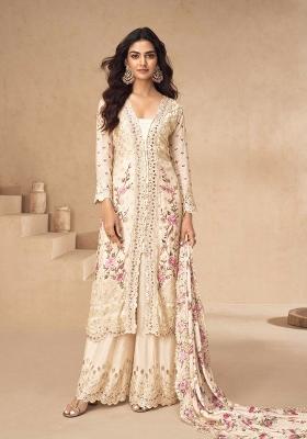 Beige Embroidery Chinon Palazzo Set
