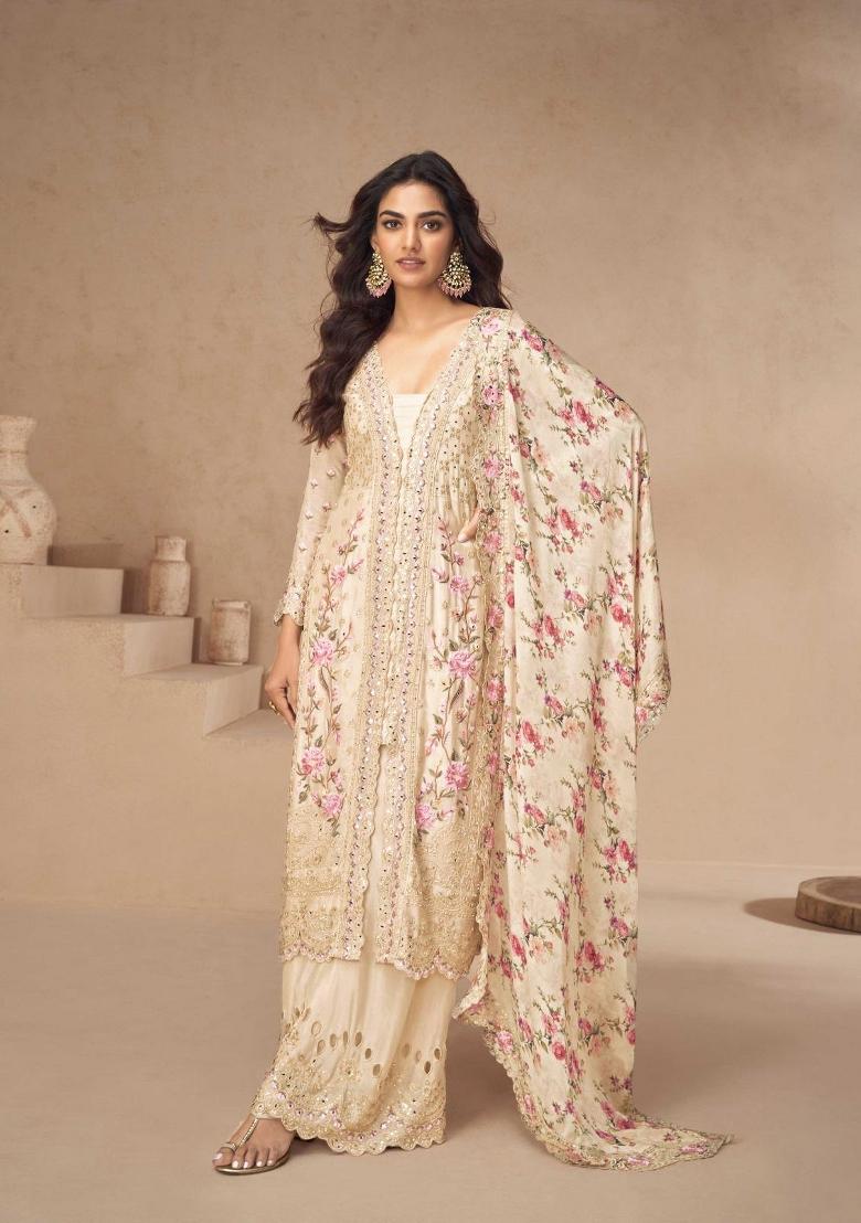 Beige Embroidery Chinon Palazzo Set - Indya