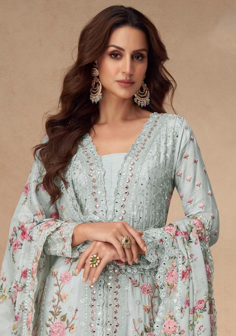 Light Mint Embroidery Chinon Palazzo Set - Indya