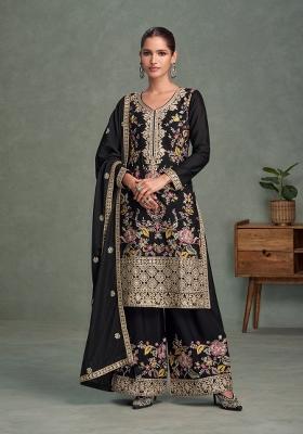 Black Embroidery Chinon Palazzo Set