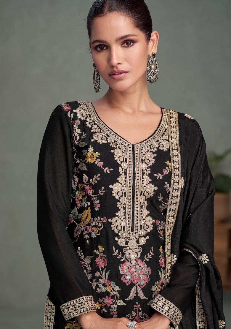 Black Embroidery Chinon Palazzo Set - Indya