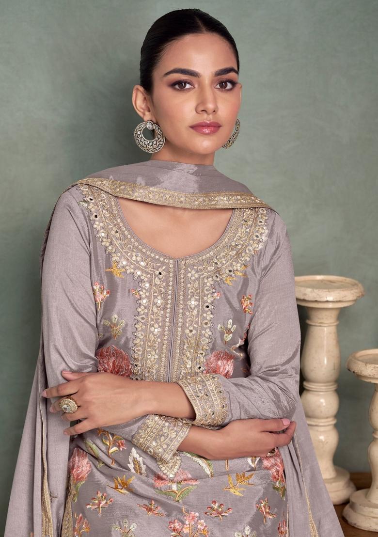 Grey Embroidery Chinon Palazzo Set - Indya