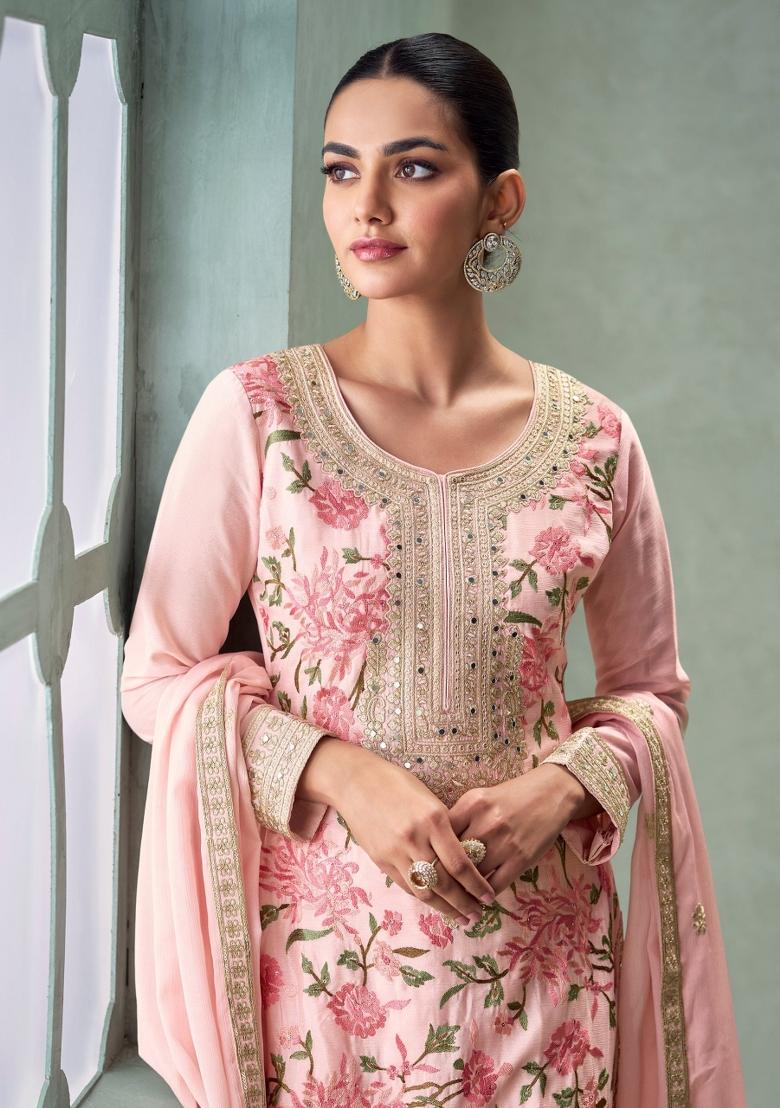 Light Pink Embroidery Chinon Palazzo Set - Indya