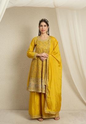 Yellow Embroidery Chinon Palazzo Set