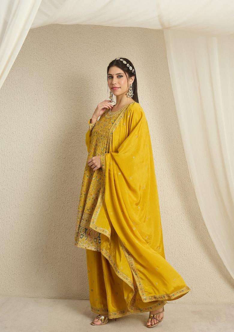 Yellow Embroidery Chinon Palazzo Set - Indya