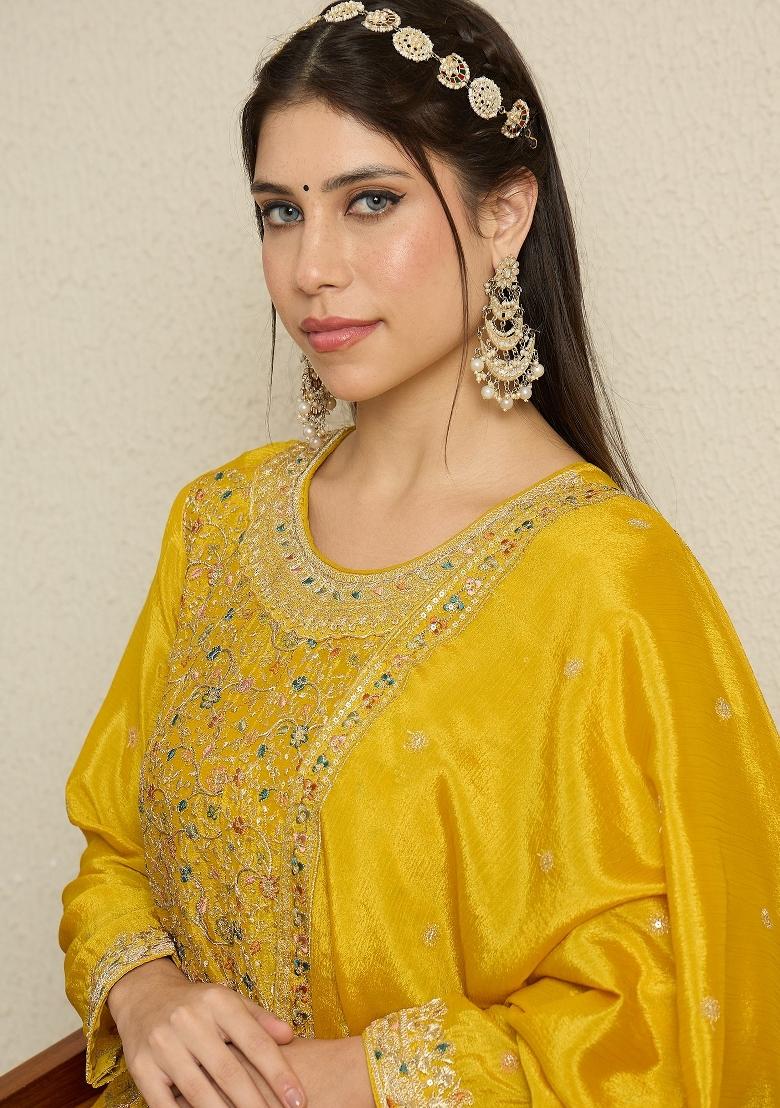 Yellow Embroidery Chinon Palazzo Set - Indya