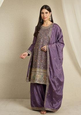 Purple Embroidery Chinon Palazzo Set