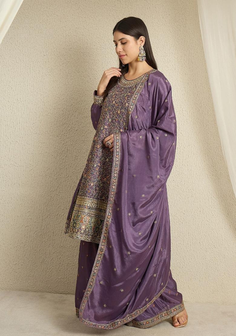 Purple Embroidery Chinon Palazzo Set - Indya