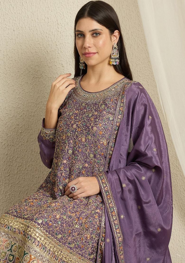 Purple Embroidery Chinon Palazzo Set - Indya