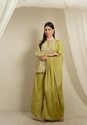 Green Embroidery Chinon Palazzo Set
