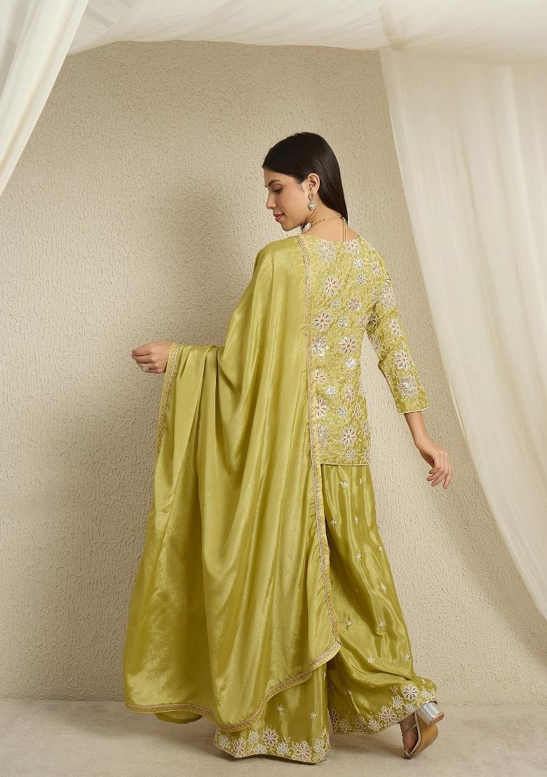 Green Embroidery Chinon Palazzo Set - Indya