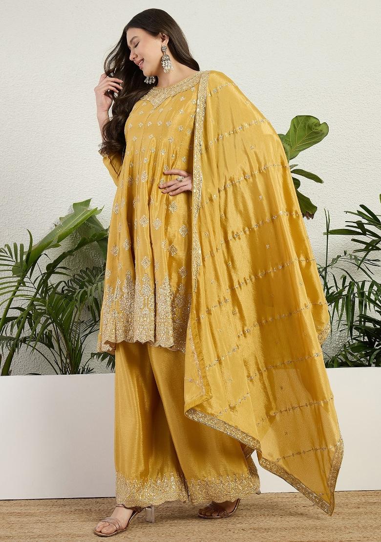 Yellow Embroidery Chinon Palazzo Set - Indya