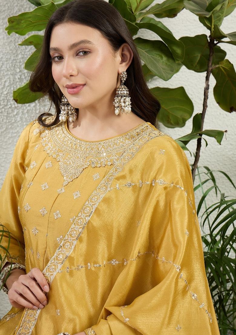 Yellow Embroidery Chinon Palazzo Set - Indya