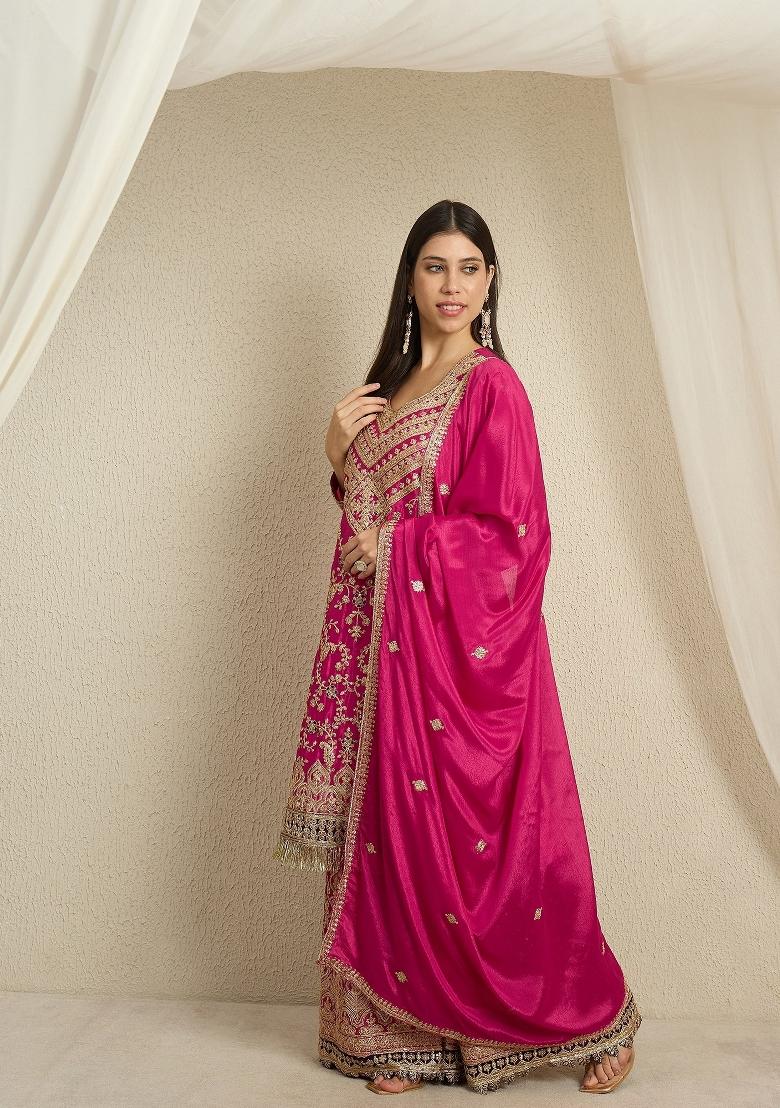 Pink Embroidery Chinon Palazzo Set - Indya