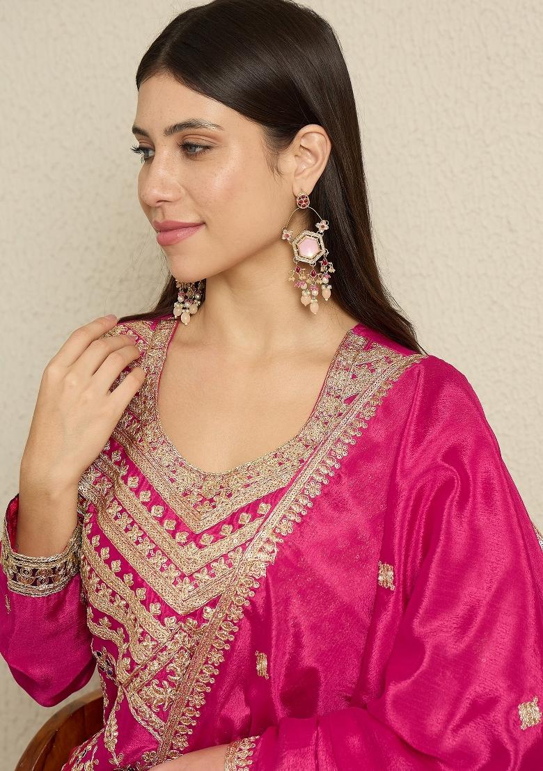 Pink Embroidery Chinon Palazzo Set - Indya