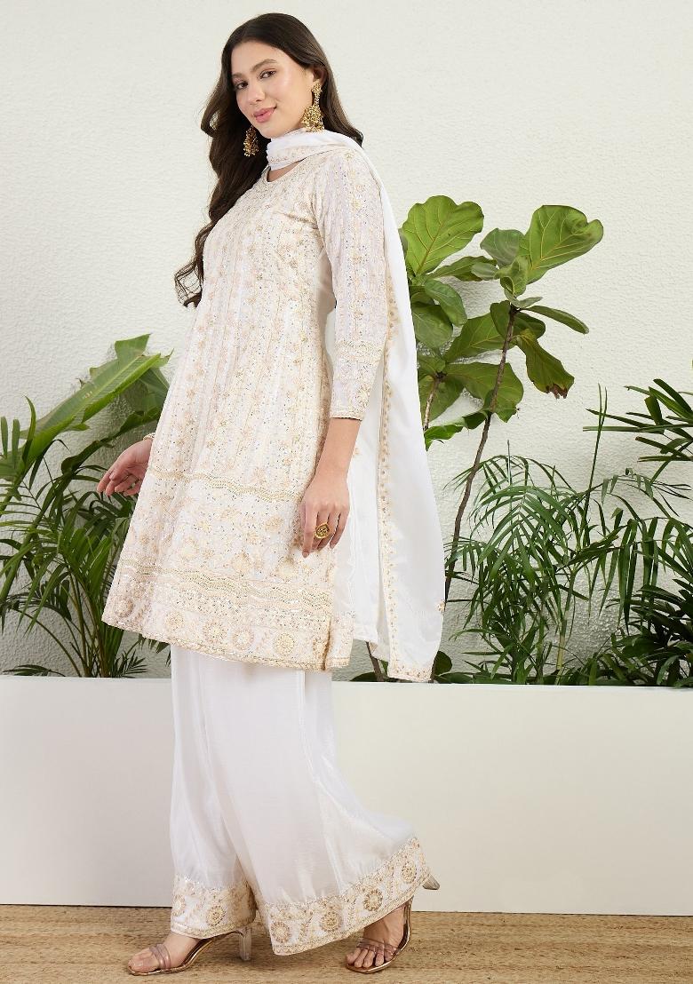 White Embroidery Chinon Palazzo Set - Indya