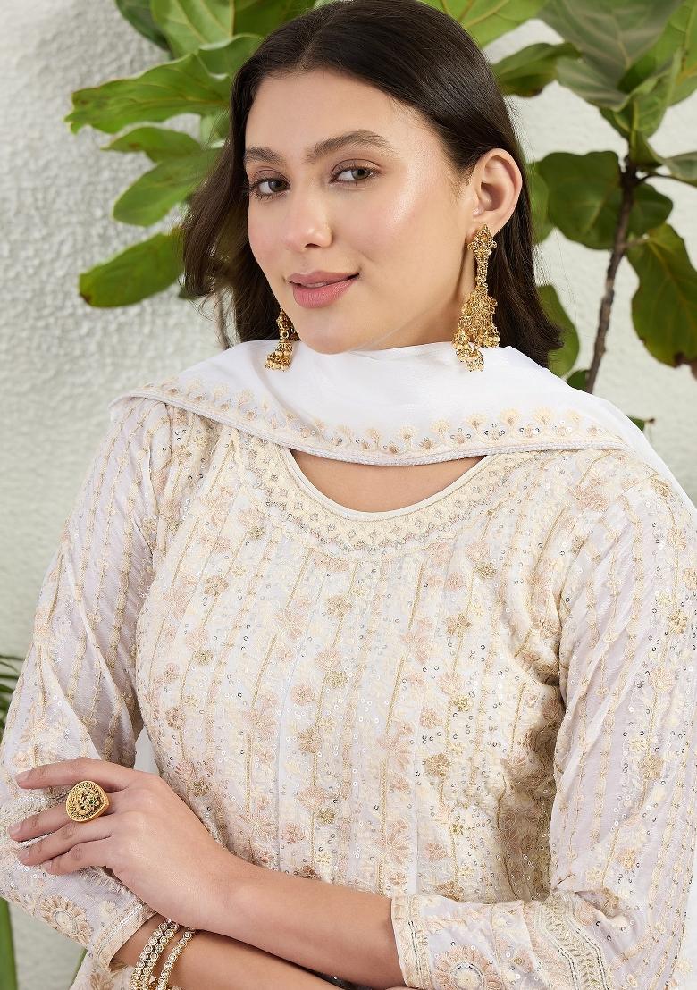 White Embroidery Chinon Palazzo Set - Indya