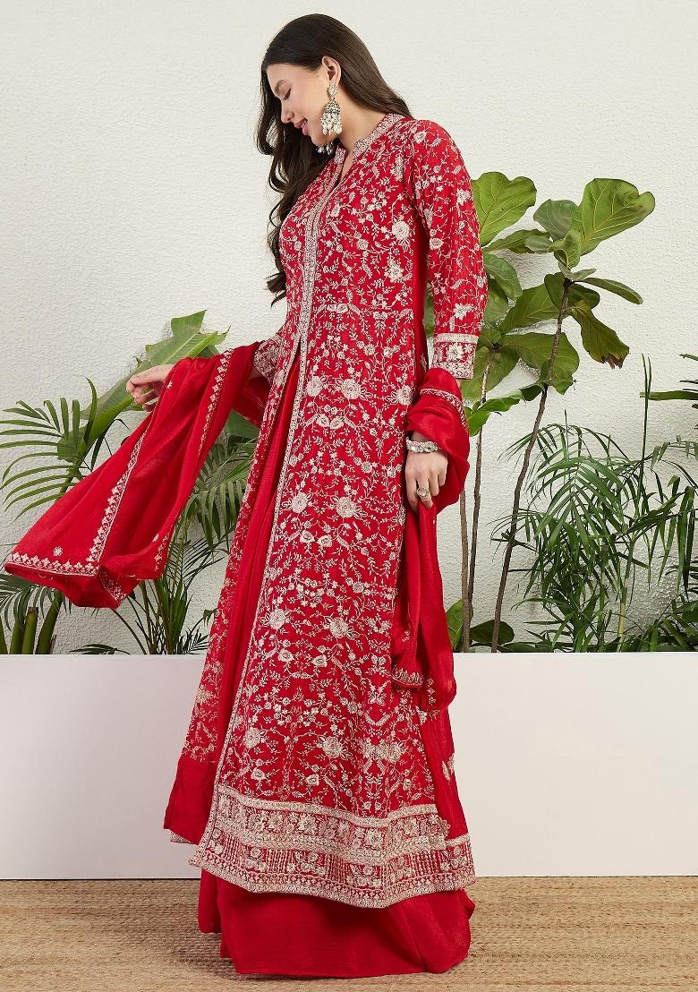 Cream Embroidery Chinon Palazzo Set - Indya