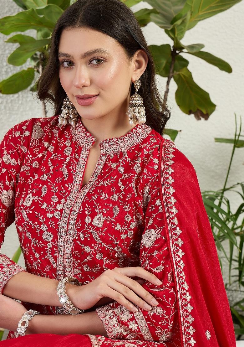 Cream Embroidery Chinon Palazzo Set - Indya
