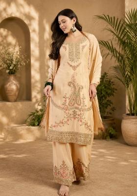 Cream Embroidery Chinon Palazzo Set