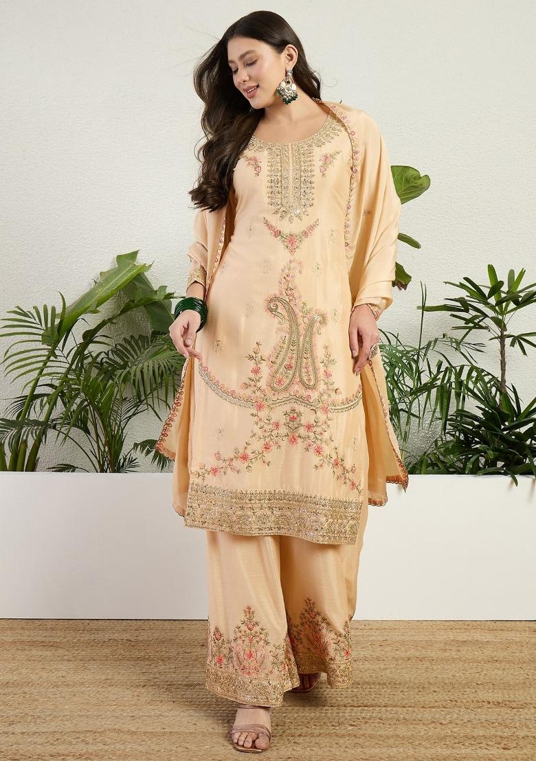 Cream Embroidery Chinon Palazzo Set - Indya