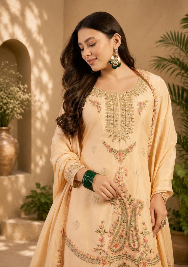 Cream Embroidery Chinon Palazzo Set - Indya