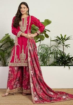 Red Embroidery Chinon Palazzo Set