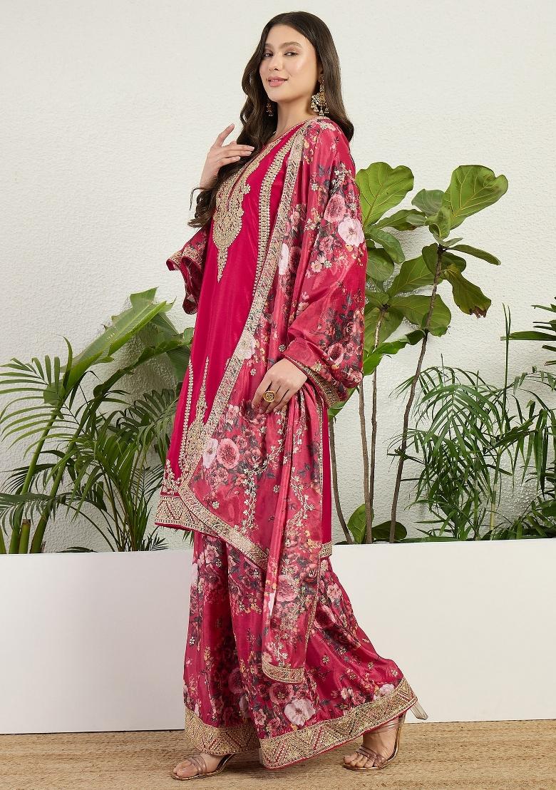 Red Embroidery Chinon Palazzo Set - Indya
