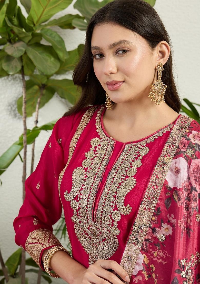 Red Embroidery Chinon Palazzo Set - Indya