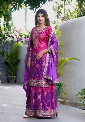 Purple Embroidery Chinon Palazzo Set