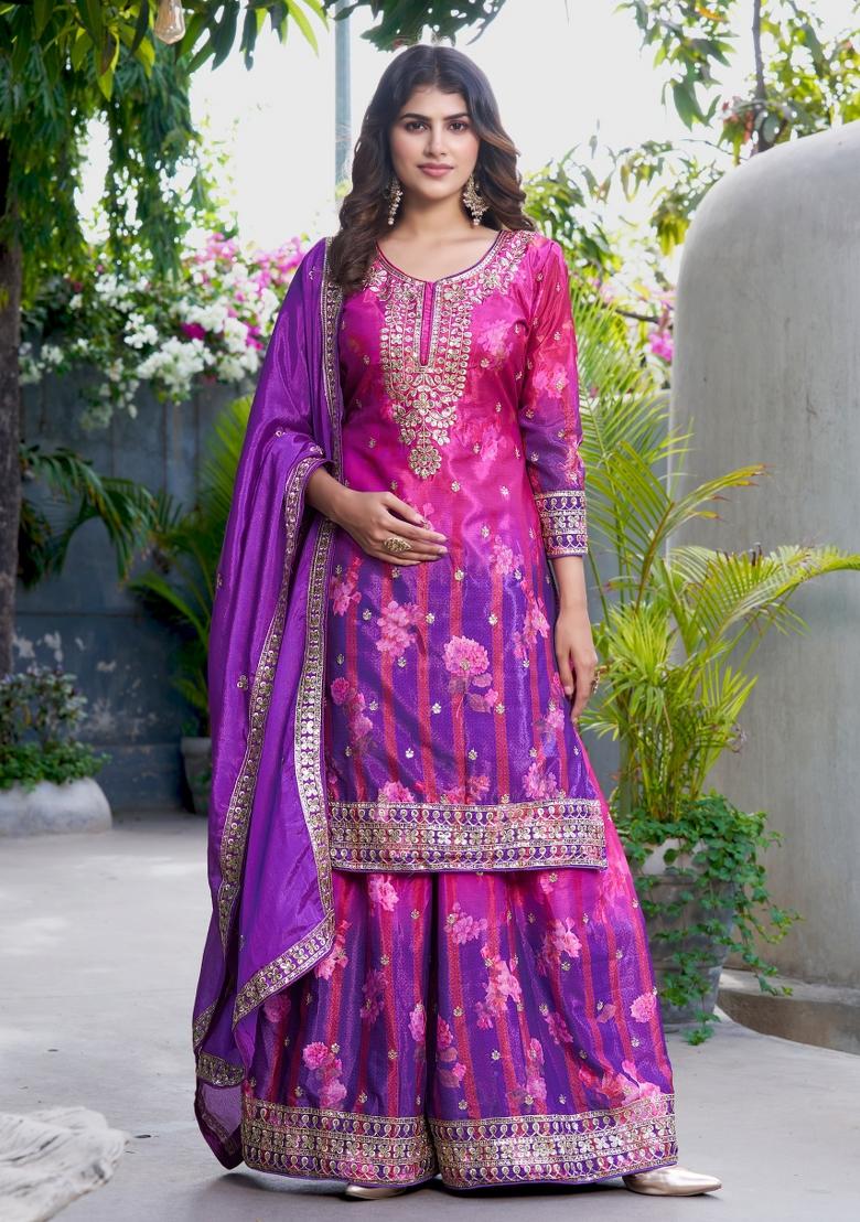 Purple Embroidery Chinon Palazzo Set - Indya