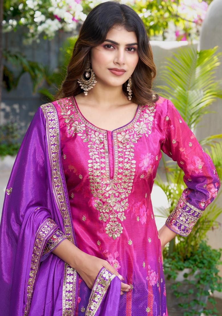Purple Embroidery Chinon Palazzo Set - Indya