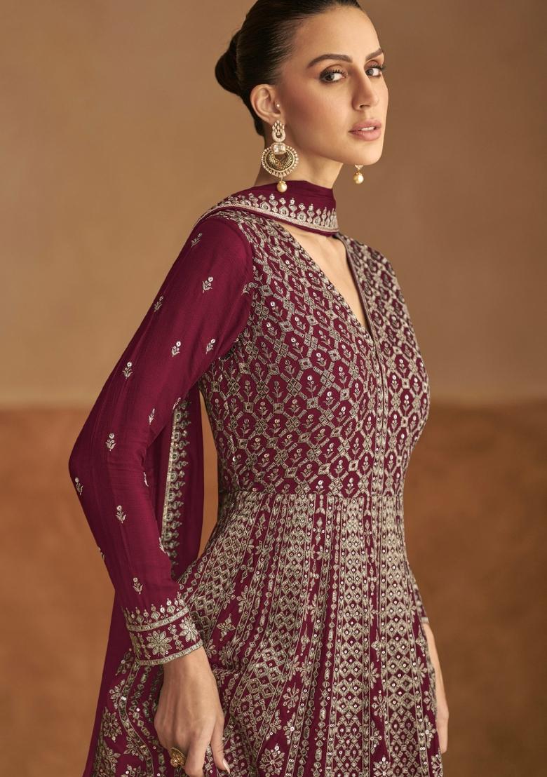 Maroon Embroidery Chinon Gown With Dupatta - Indya