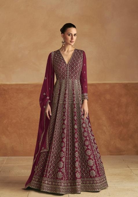 Maroon Embroidery Chinon Gown With Dupatta