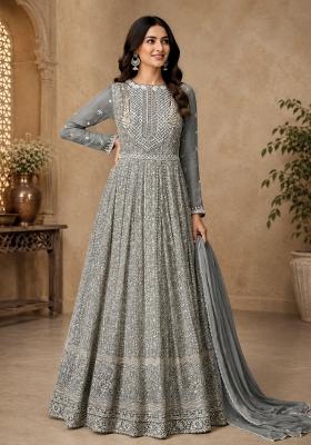 Grey Embroidery Georgette Gown With Dupatta