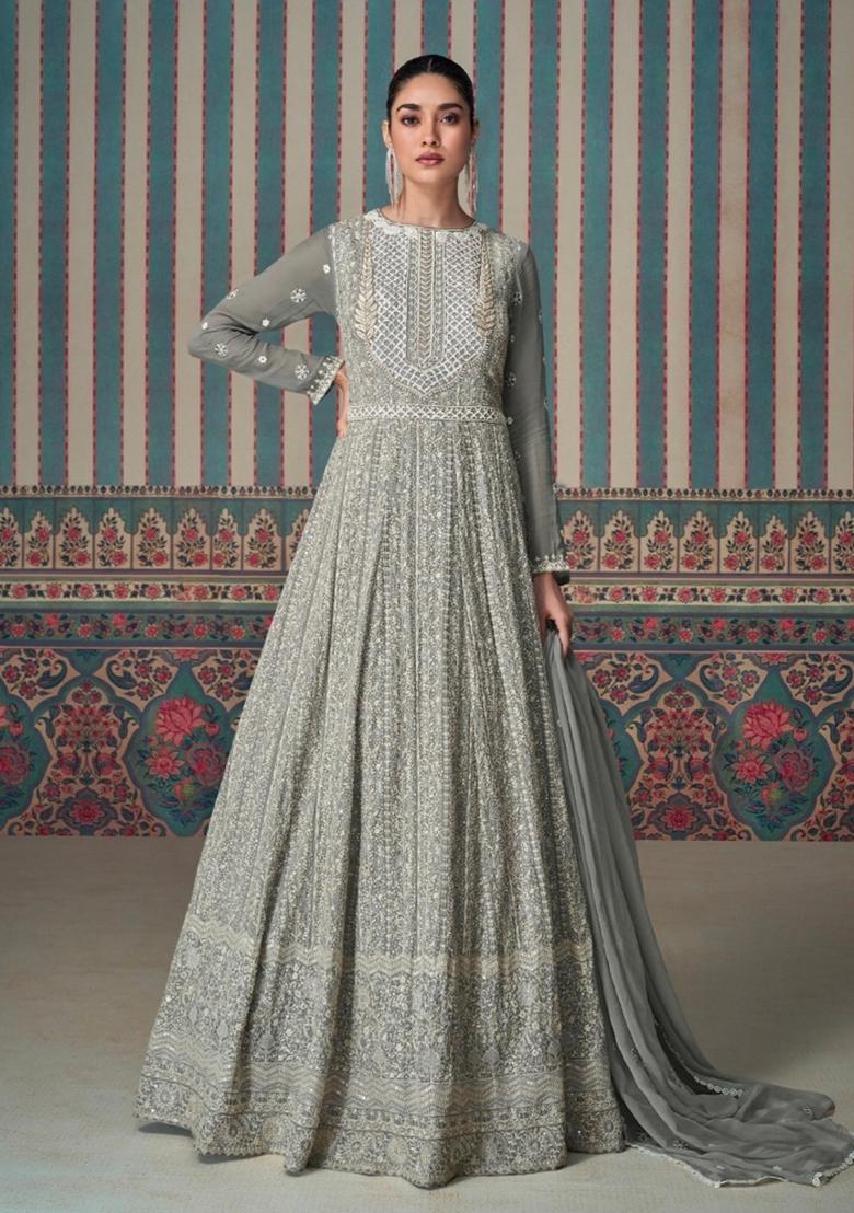 Grey Embroidery Georgette Gown With Dupatta - Indya