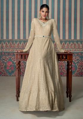 Cream Embroidery Georgette Gown With Dupatta