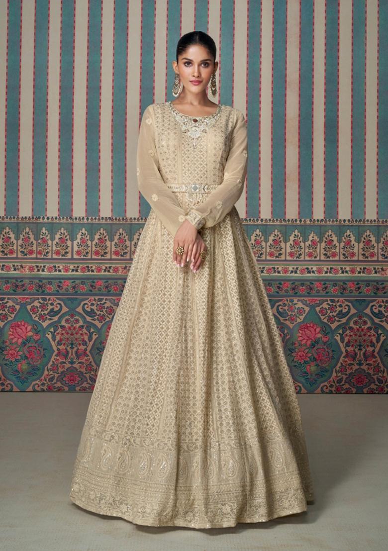 Cream Embroidery Georgette Gown With Dupatta - Indya