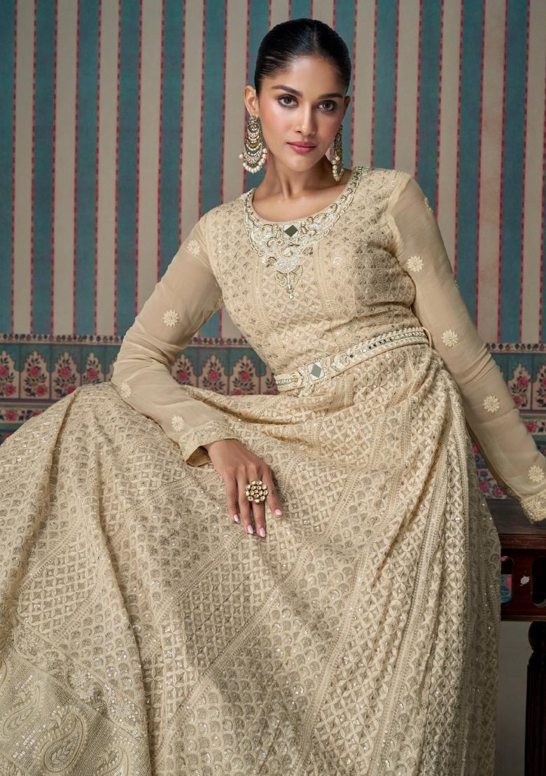 Cream Embroidery Georgette Gown With Dupatta - Indya
