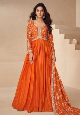 Orange Embroidery Chinon Gown With Dupatta