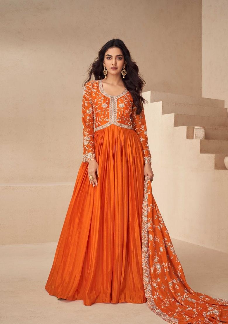 Orange Embroidery Chinon Gown With Dupatta - Indya