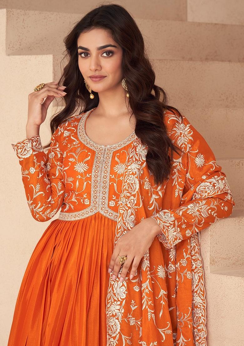 Orange Embroidery Chinon Gown With Dupatta - Indya