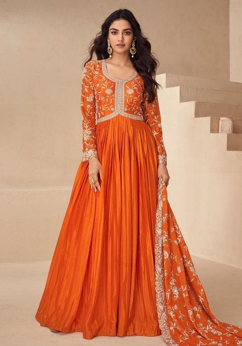Orange Embroidery Chinon Gown With Dupatta