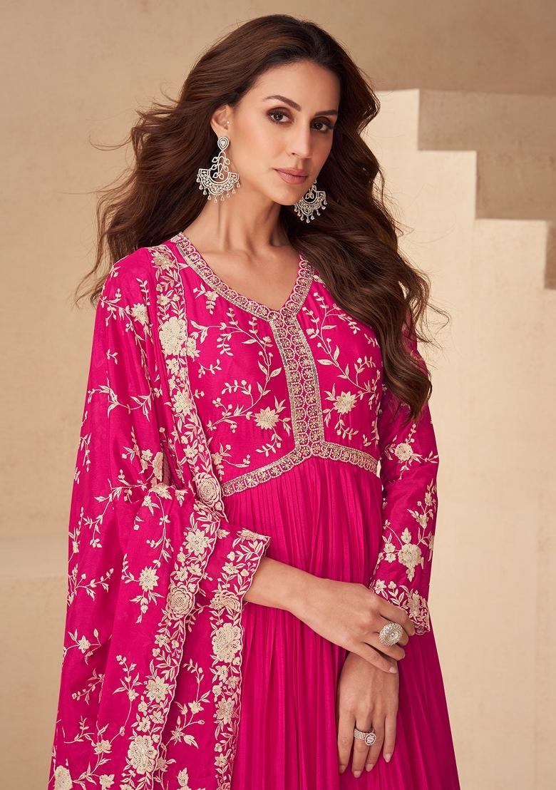 Red Embroidery Chinon Gown With Dupatta - Indya