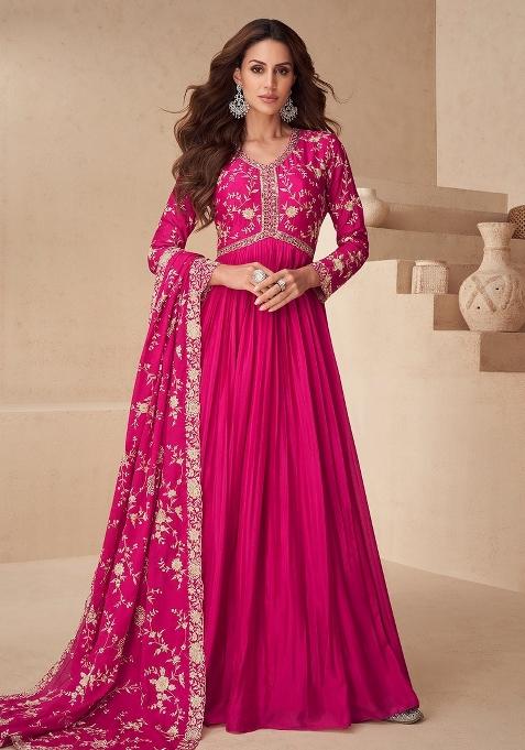 Red Embroidery Chinon Gown With Dupatta